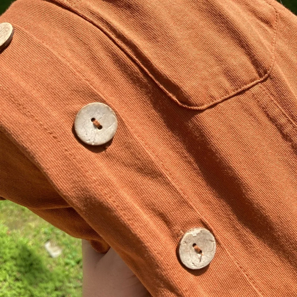 Free People 100% Cotton Wooden Button Front Pocket Front Orange Brown Dress